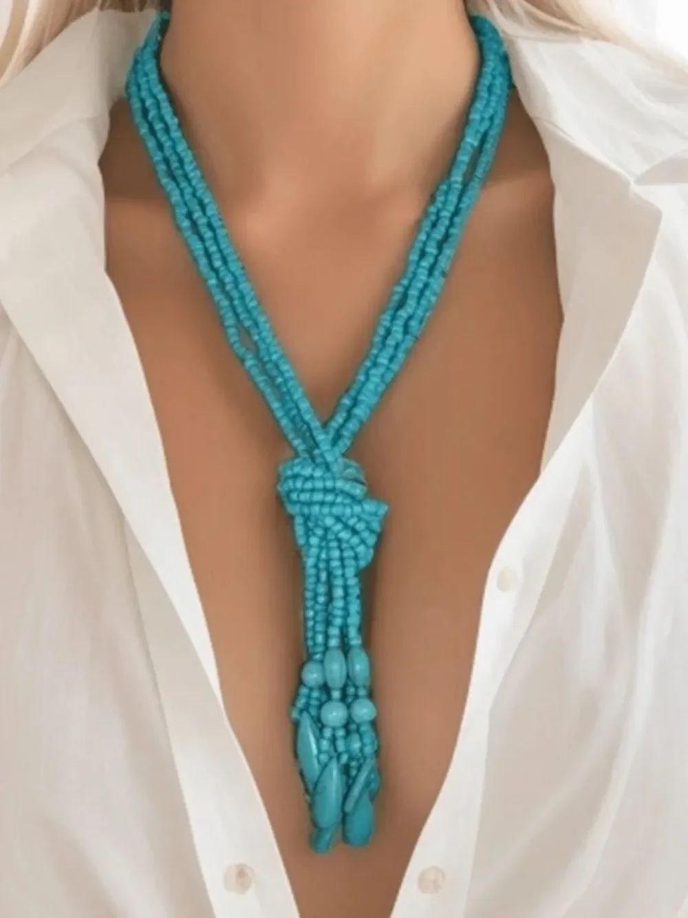Turquoise Beaded Knot Lariat Necklace S1474